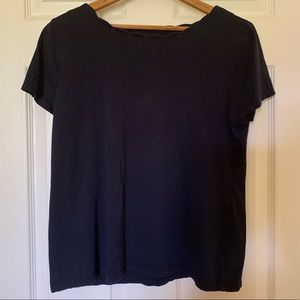 Talbots, navy blue T-shirt with scalloped neckline.